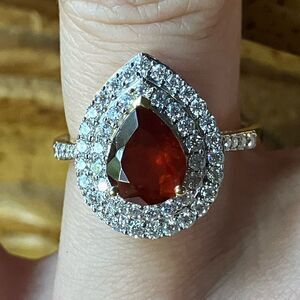 Natural Garnet Moissanite Sterling Silver Double Halo Ring Size 7.25